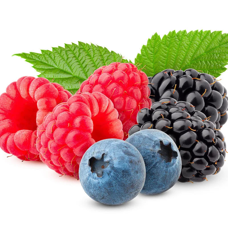 A close-up assortment of fresh berries, including raspberries, blackberries, and blueberries, with green leaves in the background.