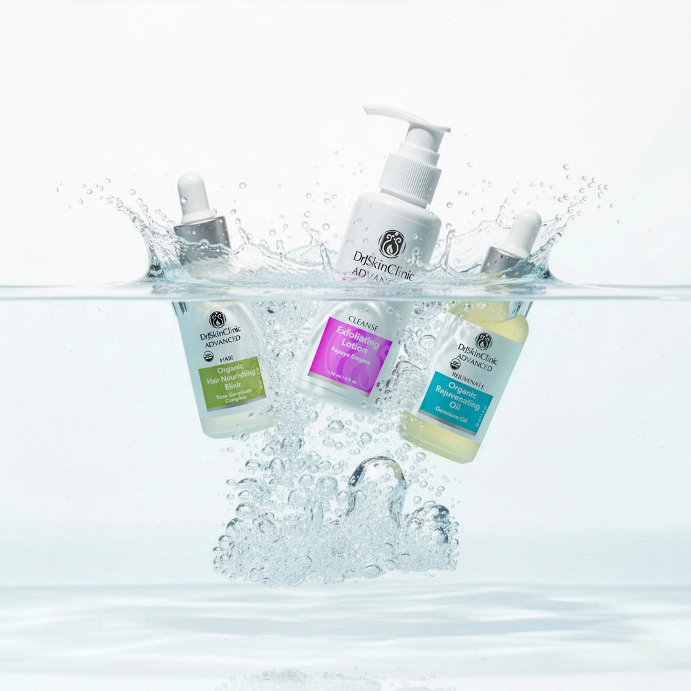 DrSkinClinic Advanced Body Renewal Trio shown submerged in water, highlighting Organic Hair Nourishing Elixir, Exfoliating Lotion, and Organic Rejuvenating Oil.