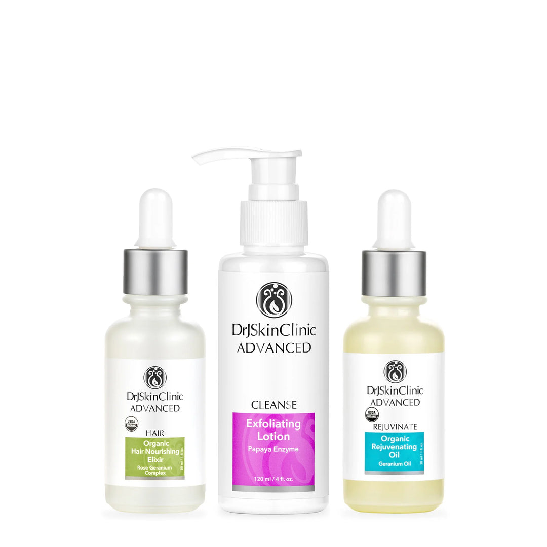 DrSkinClinic Advanced Body Renewal Trio with Organic Hair Nourishing Elixir, Exfoliating Lotion, and Organic Rejuvenating Oil on a clean white background.