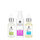DrSkinClinic Advanced Body Renewal Trio with Organic Hair Nourishing Elixir, Exfoliating Lotion, and Organic Rejuvenating Oil on a clean white background.
