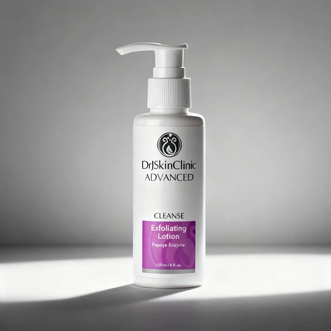 DrJSkinClinic Advanced Cleanse Exfoliating Lotion with Papaya Enzyme, gentle facial exfoliant pump bottle on neutral gray background