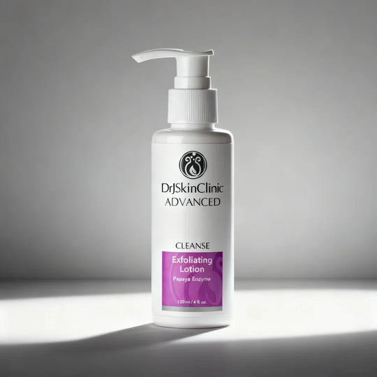 DrJSkinClinic Advanced Cleanse Exfoliating Lotion with Papaya Enzyme, gentle facial exfoliant pump bottle on neutral gray background