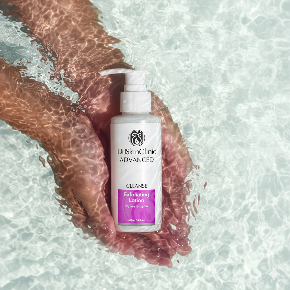 DrJSkinClinic Advanced Cleanse Exfoliating Lotion with Papaya Enzyme held in hands surrounded by water, highlighting gentle exfoliating skincare cleanser
