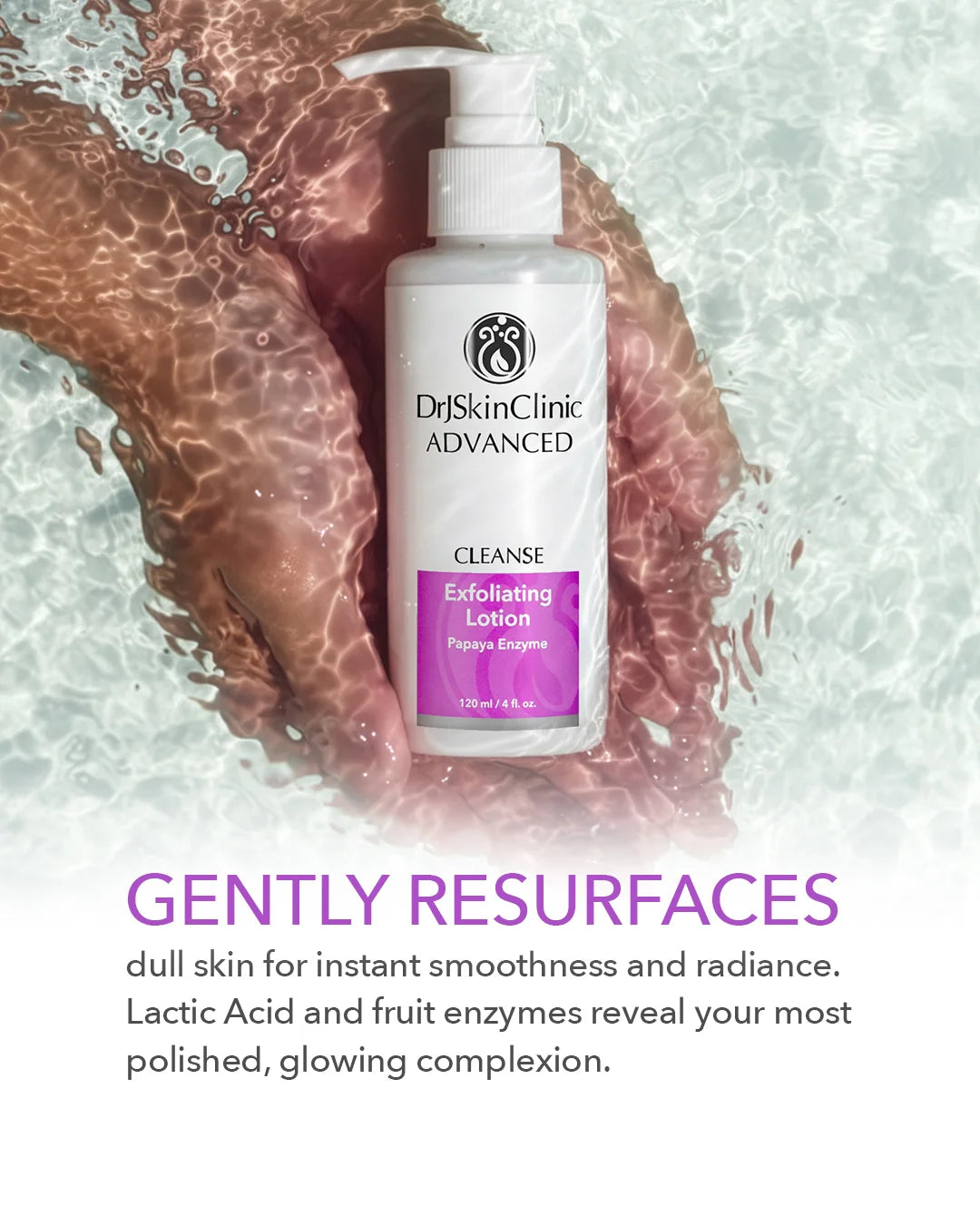 DrJSkinClinic Advanced Exfoliating Lotion bottle with water droplets on a light background