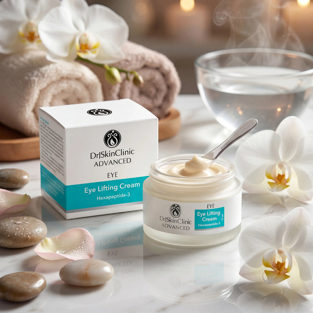 Dr SkinClinic Advanced Eye Lifting Cream with packaging on a marble surface with flowers and stones.