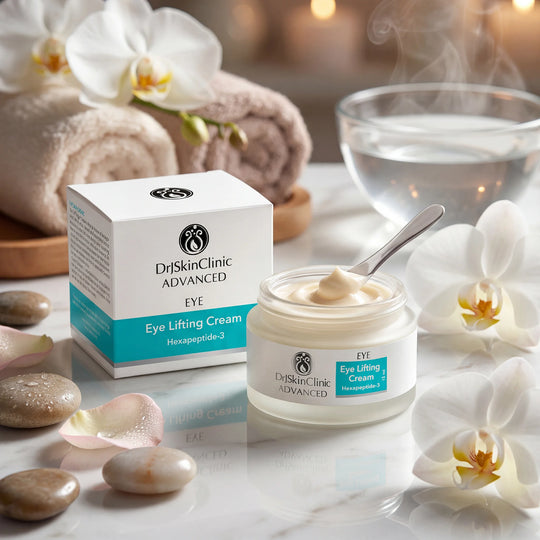 Dr SkinClinic Advanced Eye Lifting Cream with packaging on a marble surface with flowers and stones.
