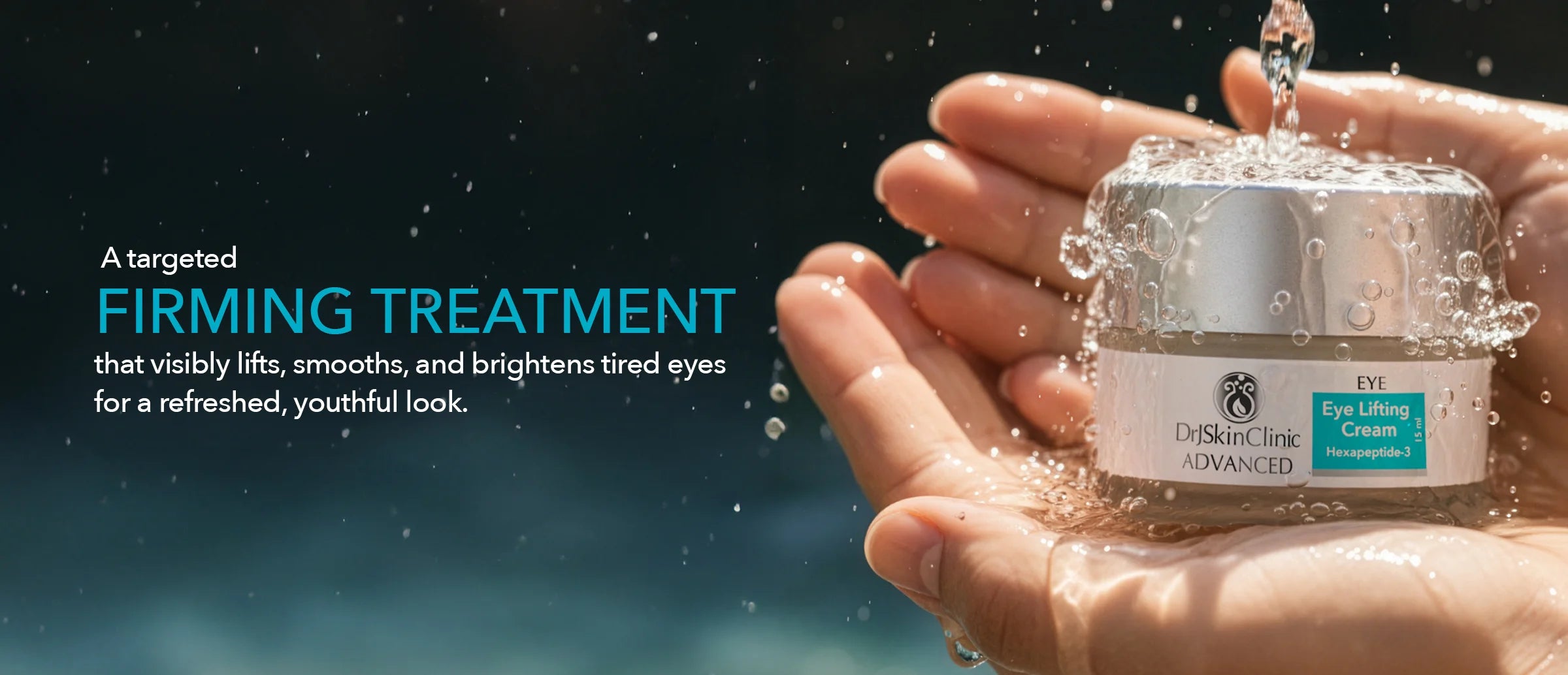 Eye Lifting Cream jar held in hands with water droplets against a dark background