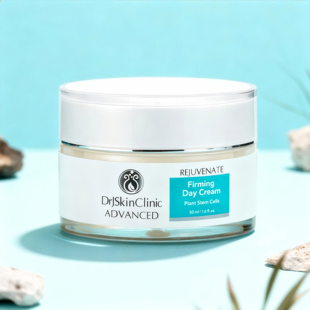 DrJSkinClinic Advanced Rejuvenate Firming Day Cream jar on a light blue background