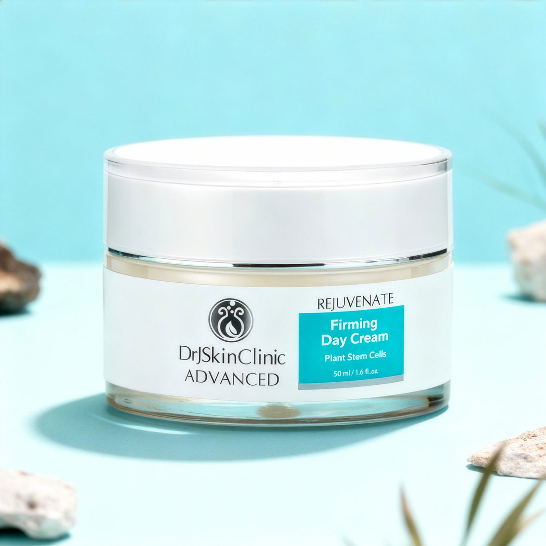 DrJSkinClinic Advanced Rejuvenate Firming Day Cream jar on a light blue background