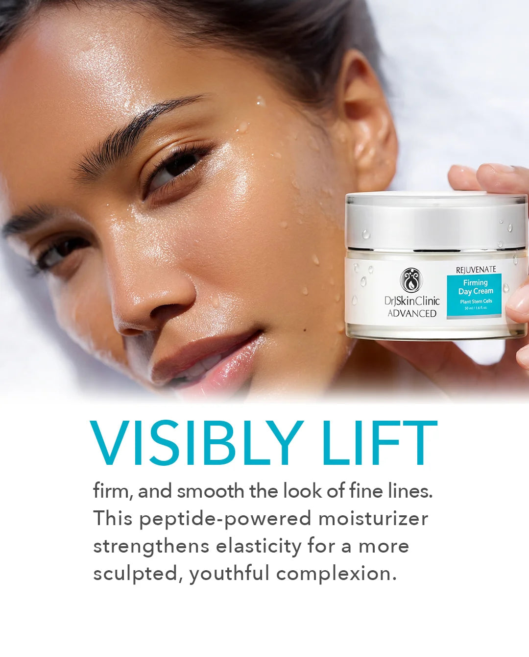 Woman holding a jar of Dr. Skin Clinic Advanced Peptide Moisturizer with text about product benefits.