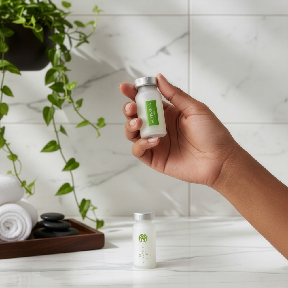 Hand holding a skincare product bottle with a blurred background of plants and stones.