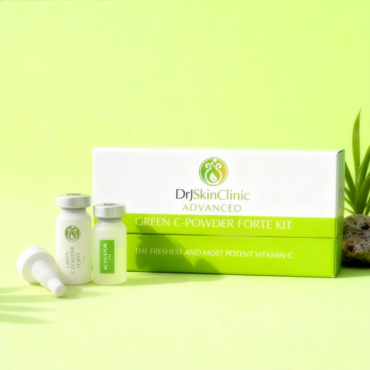 DrJSkinClinic Advanced Green C-Powder Forte Kit featuring individual vitamin C powder and activator vials for professional skincare use