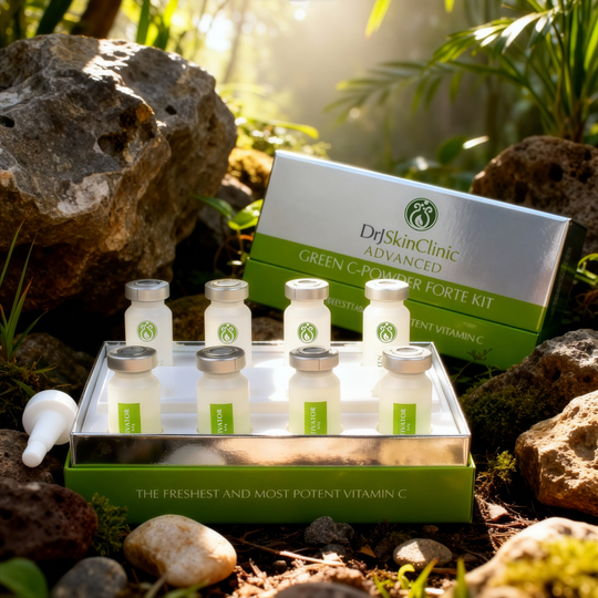 Dr SkinClinic Advanced Green C-Power Forte Kit with ampoules in a natural setting