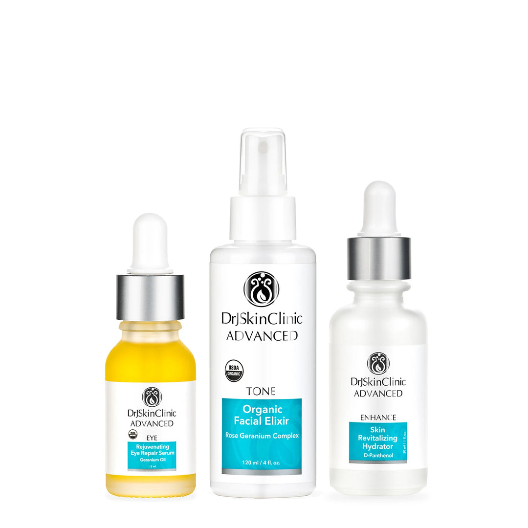 Three Dr. Skin Clinic Advanced products—Rejuvenating Eye Repair Serum, Organic Facial Elixir toner, and Skin Revitalizing Hydrator—arranged as The Radiance Renewal Trio skincare set.