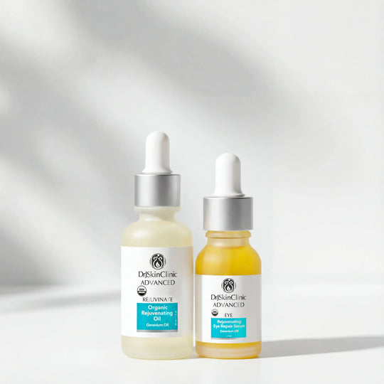 Two bottles of Dr. Skin Clinic Advanced skincare oils on a white background