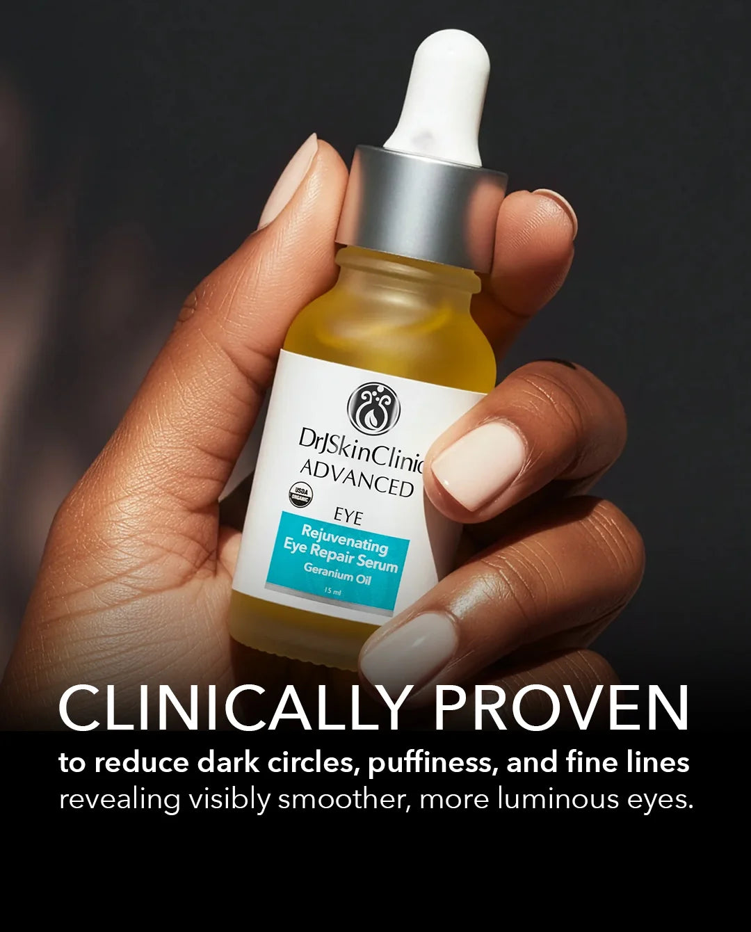 Hand holding a dropper bottle of DRJ SkinClinic Rejuvenating Eye Repair Serum with text about clinical proven effects.