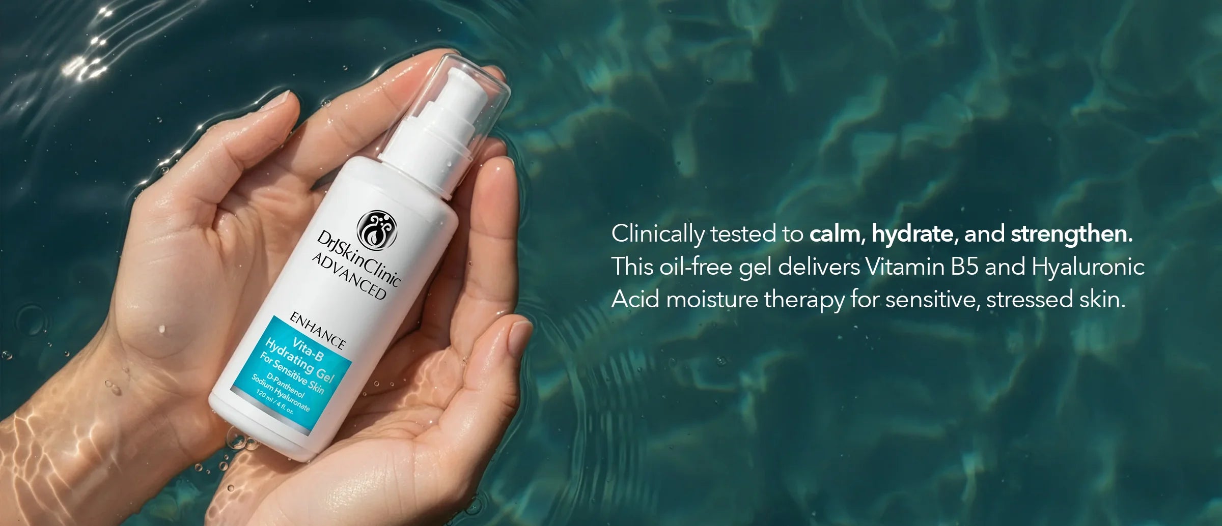 Hand holding a bottle of Vita-B Hydrating Gel for Sensitive Skin.