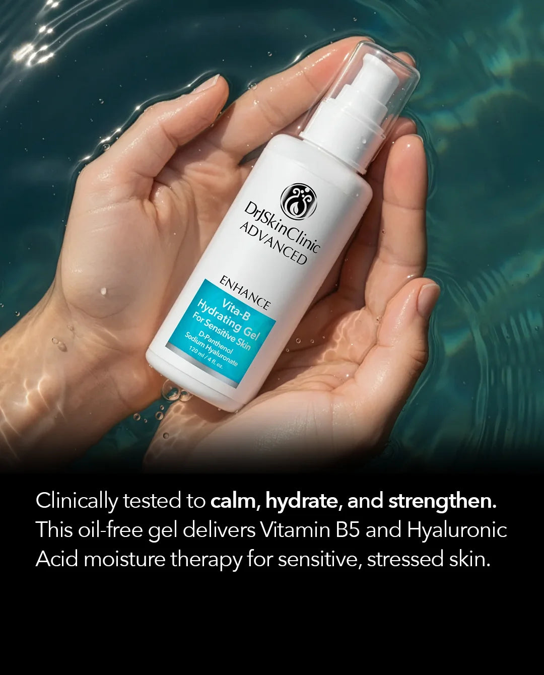 Hand holding a bottle of Dr. SkinClinic Advanced gel with water background